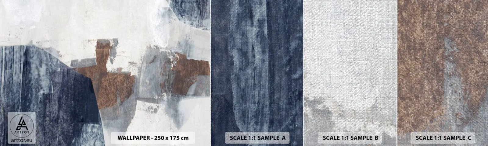 Fotobehang Monster Premium Canvas - Blauwe en bruine vormen - Deel, Abstractie, Minimalisme - 100x30 cm