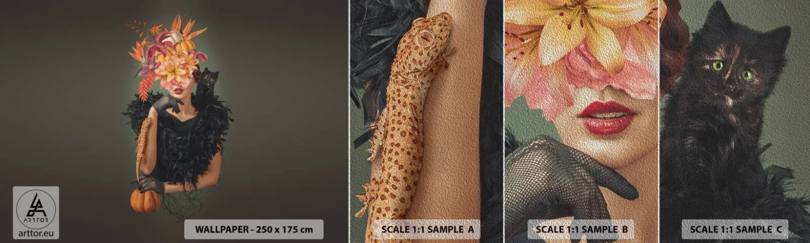 Fotobehang Monster Premium Sand - De spreuk van een heks - Abstractie, Vrouw, Bloemen - 100x30 cm