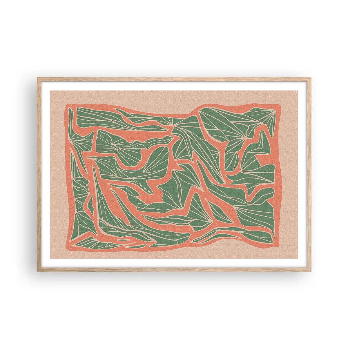 Een poster in een licht eiken lijst - De strijd tussen koraal en groen - 100x70 cm