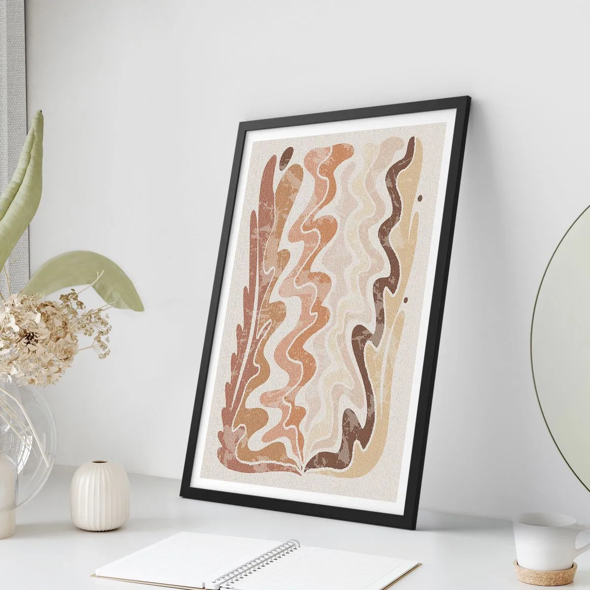 Poster in een zwarte lijst - Een abstracte compositie in warme beige tinten. - 50x70cm - Goede energie – goede emoties - Moderne wanddecoratie voor woonkamer en slaapkamer ARTTOR
