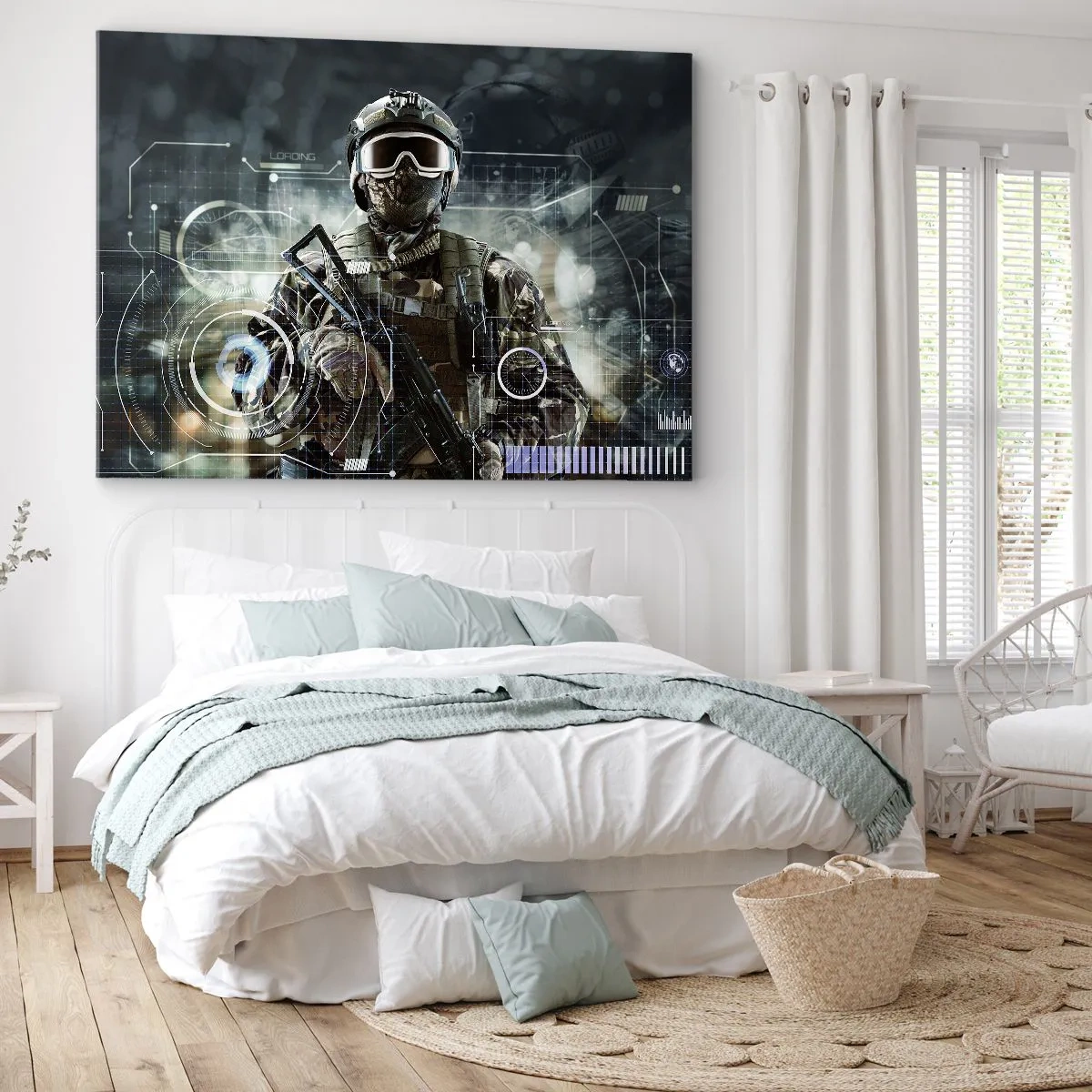 Schilderen op canvas - Een soldaat met een futuristische helm en een pistool op de achtergrond van technologie. - 70x50cm - Macht tot een macht verheven - Moderne wanddecoratie voor woonkamer en slaapkamer ARTTOR