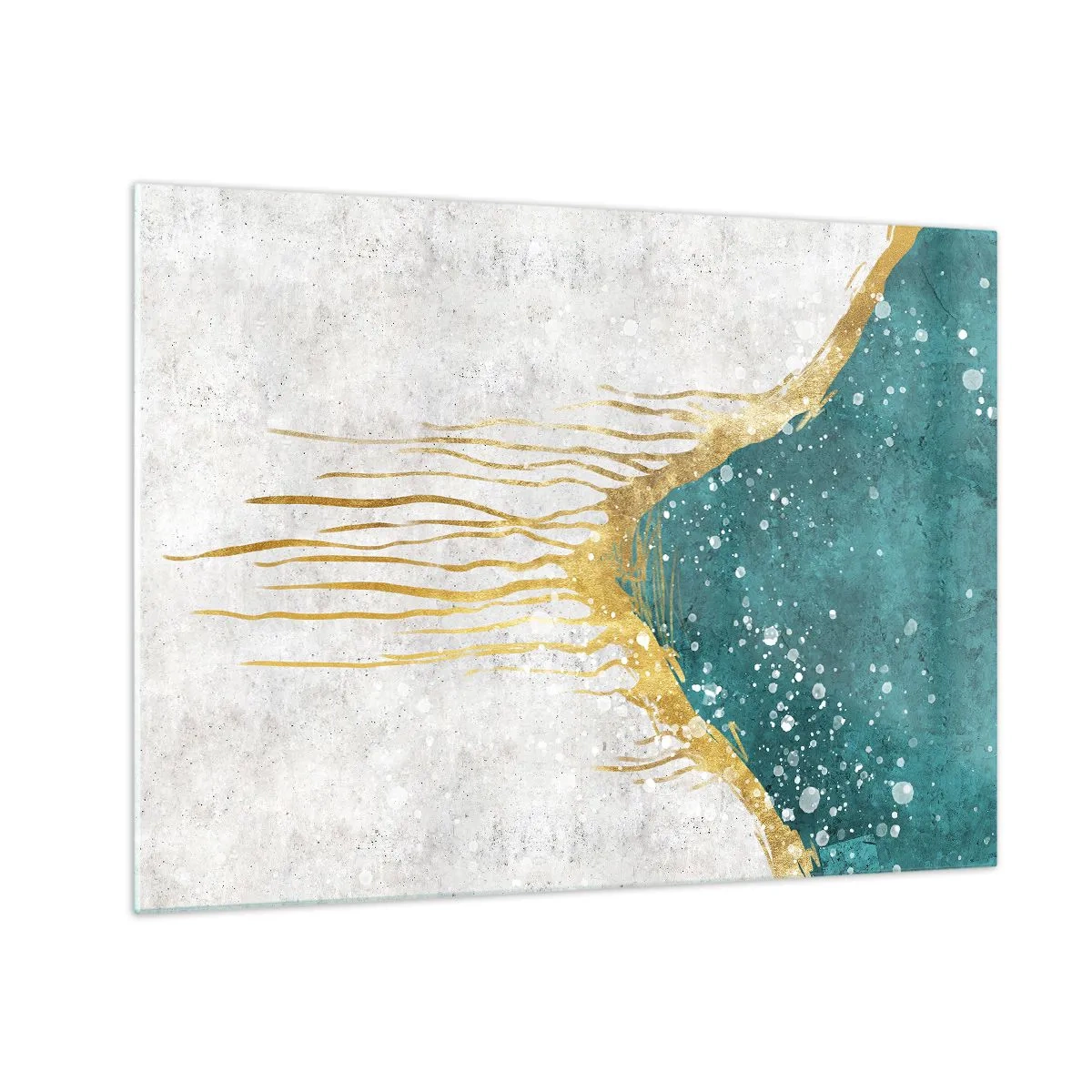 Schilderen op glas - Abstract goudpatroon op een turquoise en witte achtergrond - 70x50cm - Gouden vloed - Moderne wanddecoratie voor woonkamer en slaapkamer ARTTOR