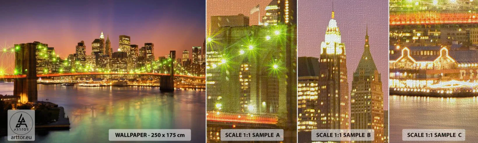 Fotobehang Monster Premium Canvas - Het licht gaat hier nooit uit - Stad, New York, Brooklyn Bridge - 100x30 cm