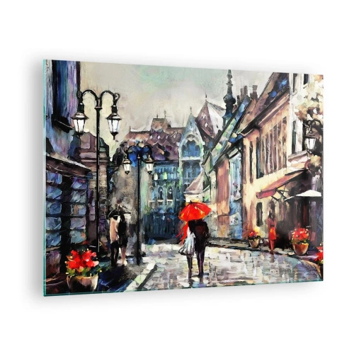 Schilderen op glas - Een stel onder een rode paraplu slentert door een pittoresk straatje - 70x50cm - Regen voor twee - Moderne wanddecoratie voor woonkamer en slaapkamer ARTTOR