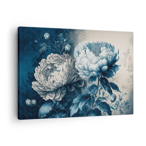 Schilderen op canvas - Blauwe pioenrozen op een subtiele achtergrond met een delicaat patroon - 70x50cm - Bij elkaar passend paar - Moderne wanddecoratie voor woonkamer en slaapkamer ARTTOR