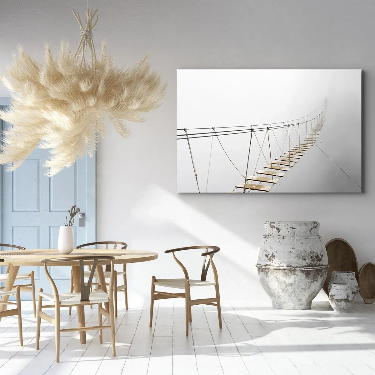 Schilderen op canvas - Een hangbrug in de mist vanuit een minimalistisch perspectief - 70x50cm - Waar zal het je brengen? - Moderne wanddecoratie voor woonkamer en slaapkamer ARTTOR