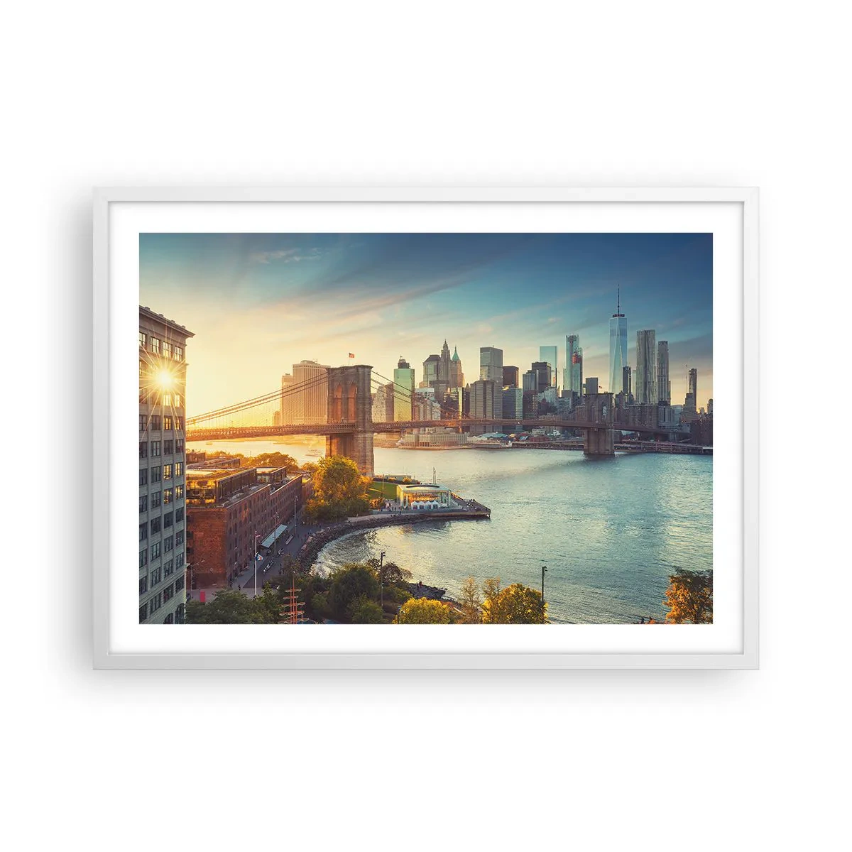 Poster in een witte lijst - Dageraad in de grote stad - 70x50 cm