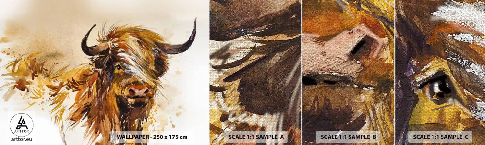 Fotobehang Monster Premium Canvas - Trots van de jager - Dieren, Abstractie, Schotse Buffel - 100x30 cm
