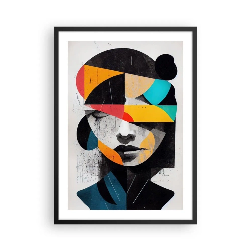 Poster in een zwarte lijst - Interieurportret, veelkleurig, gestileerd abstract portret van een vrouw - 50x70cm - Veelkleurig innenportret - Moderne wanddecoratie voor woonkamer en slaapkamer ARTTOR