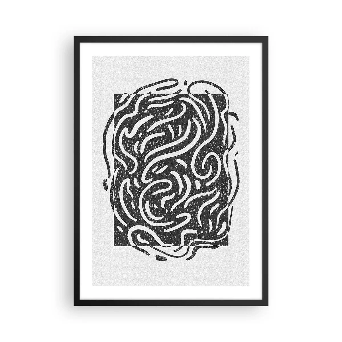 Poster in een zwarte lijst - Abstracte compositie met dynamische lijnen en vormen in zwart-wit. - 50x70cm - Abstractie: vreugdedans - Moderne wanddecoratie voor woonkamer en slaapkamer ARTTOR