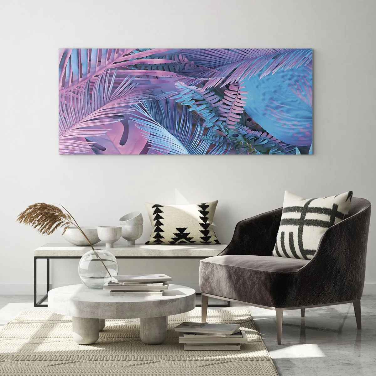 Schilderen op glas - Tropen in roze en blauw - 100x40 cm