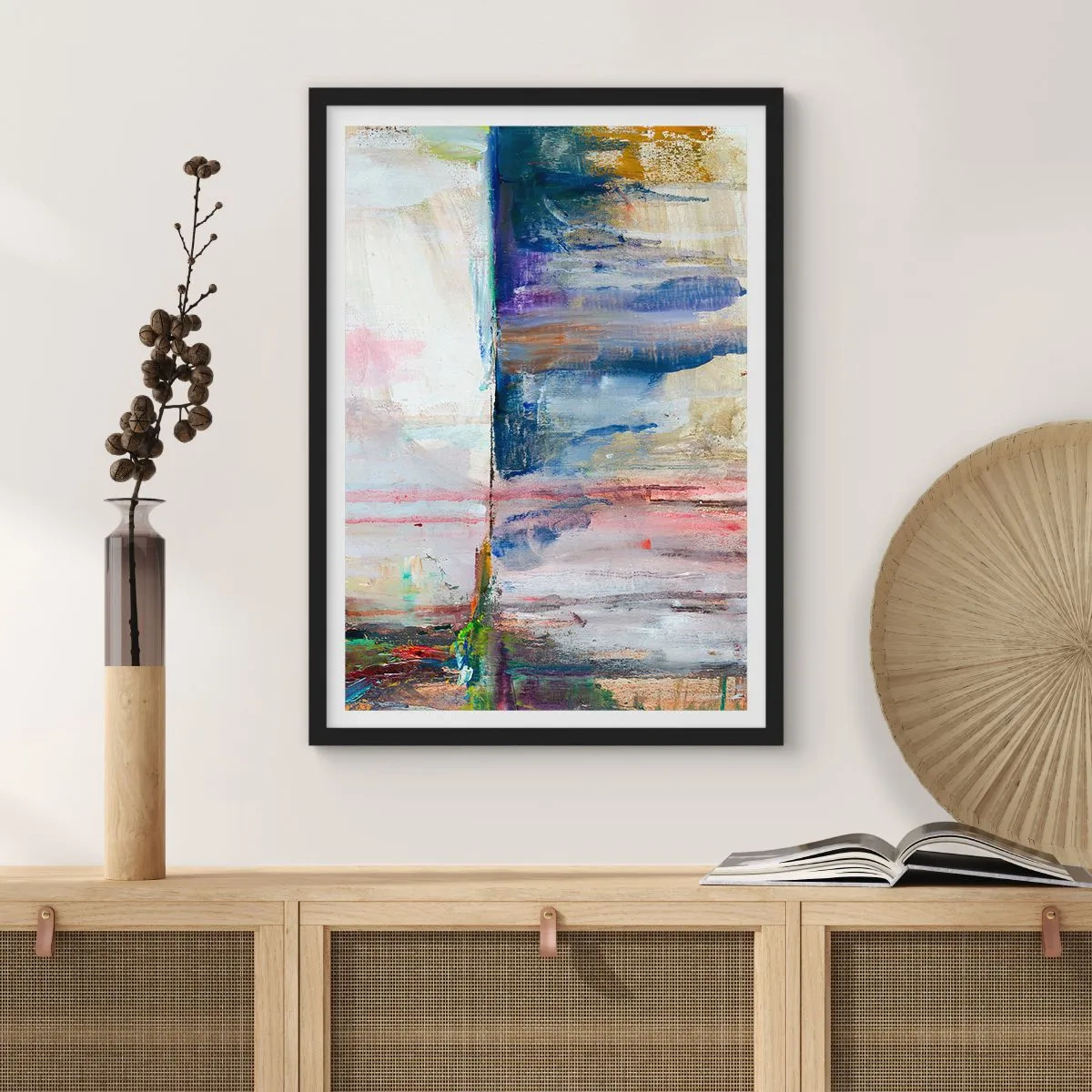 Poster in een zwarte lijst - Een abstracte compositie in tinten blauw, beige en roze. - 50x70cm - Kleurrijke impressies en associaties - Moderne wanddecoratie voor woonkamer en slaapkamer ARTTOR