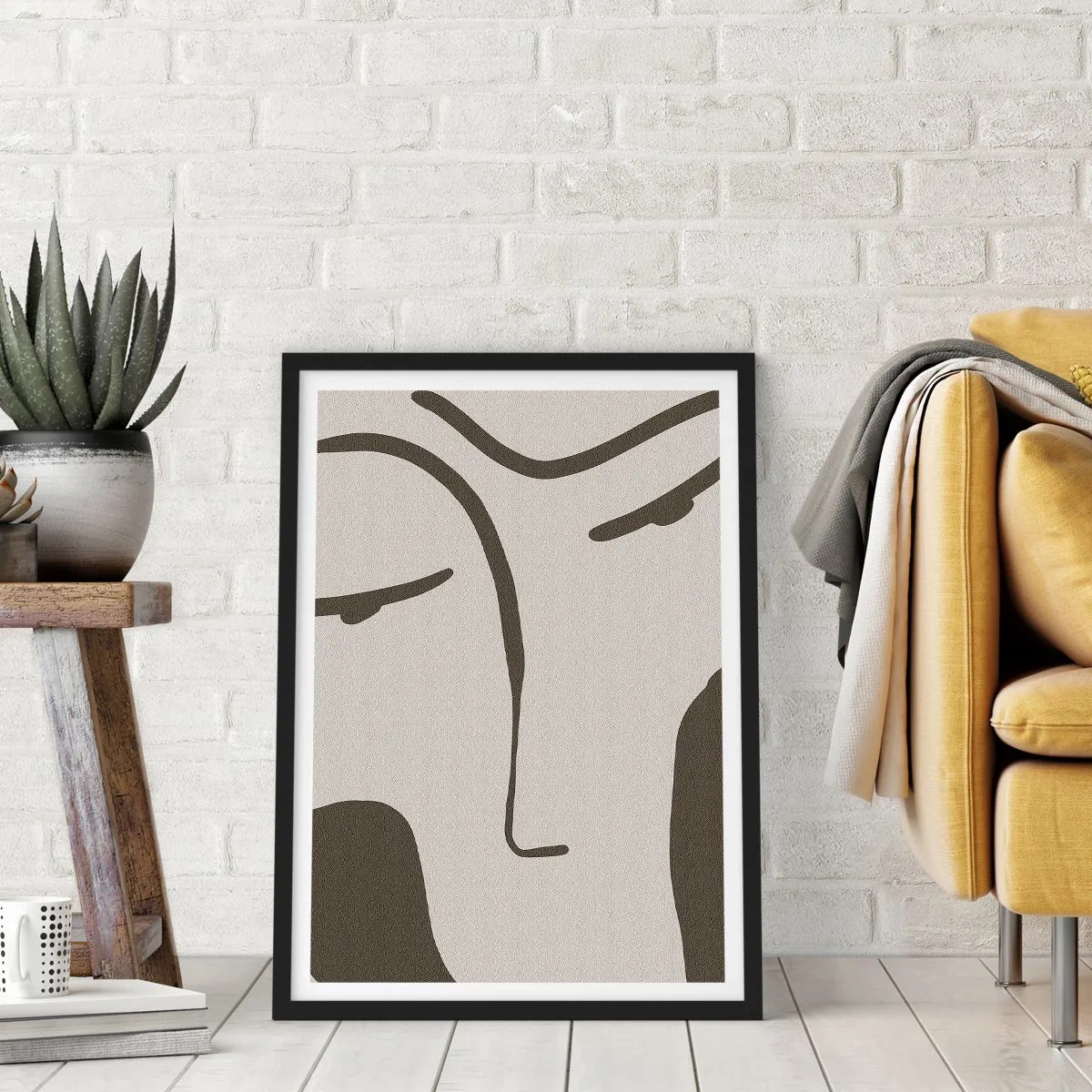 Poster in een zwarte lijst - Minimalistisch gezichtsportret - 50x70cm - Als een schilderij van Modigliani - Moderne wanddecoratie voor woonkamer en slaapkamer ARTTOR
