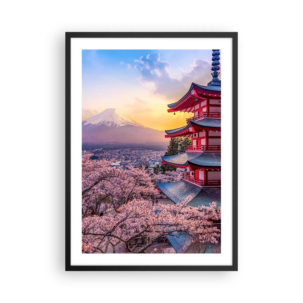 Poster in een zwarte lijst - Een pagode met uitzicht op de berg Fuji, omringd door kersenbloesems bij zonsondergang - 50x70cm - De essentie van de Japanse geest - Moderne wanddecoratie voor woonkamer en slaapkamer ARTTOR