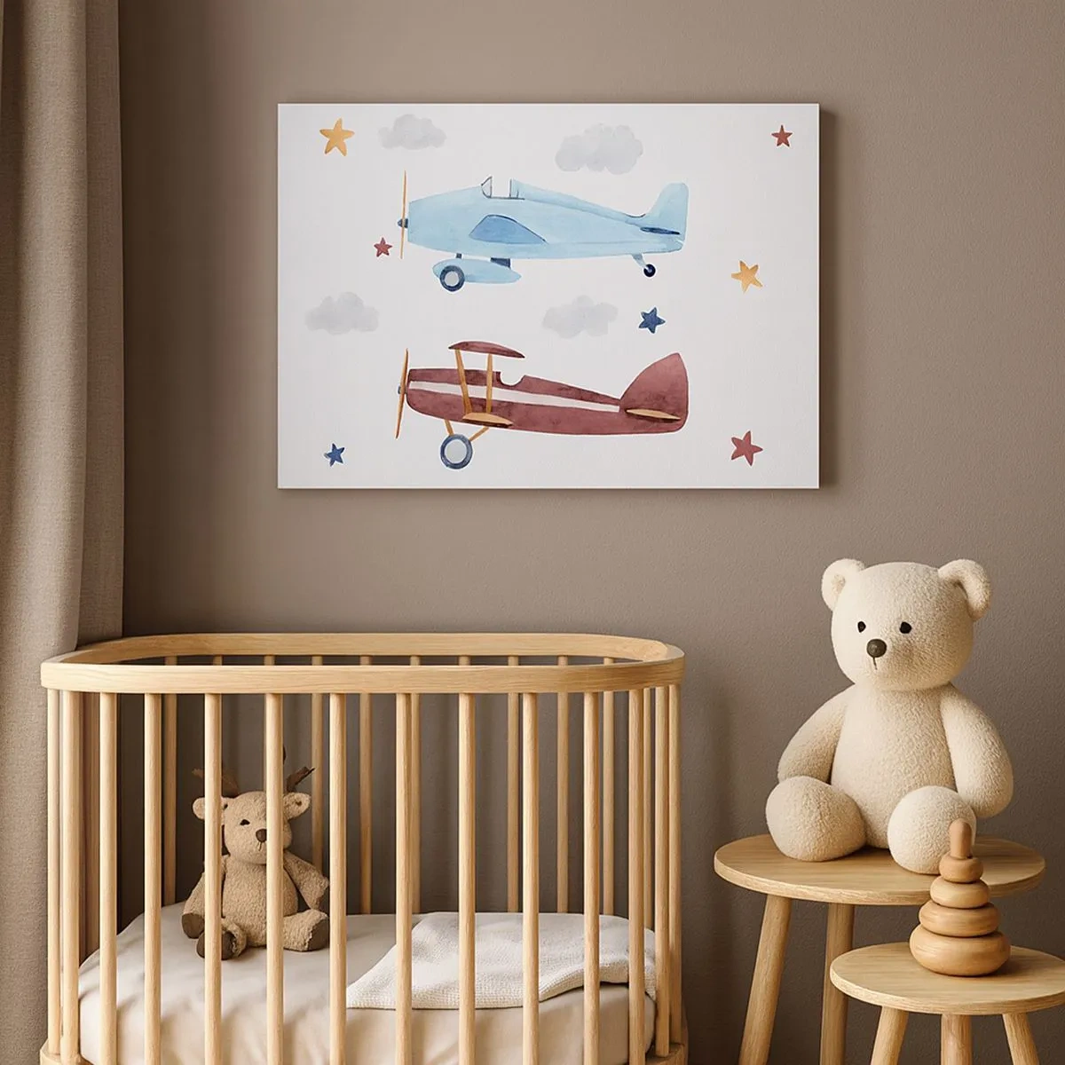 Schilderen op canvas - Met de hand beschilderde vliegtuigen tegen een achtergrond van wolken en sterren - 70x50cm - Meneer Piloot, we wachten! - Moderne wanddecoratie voor woonkamer en slaapkamer ARTTOR