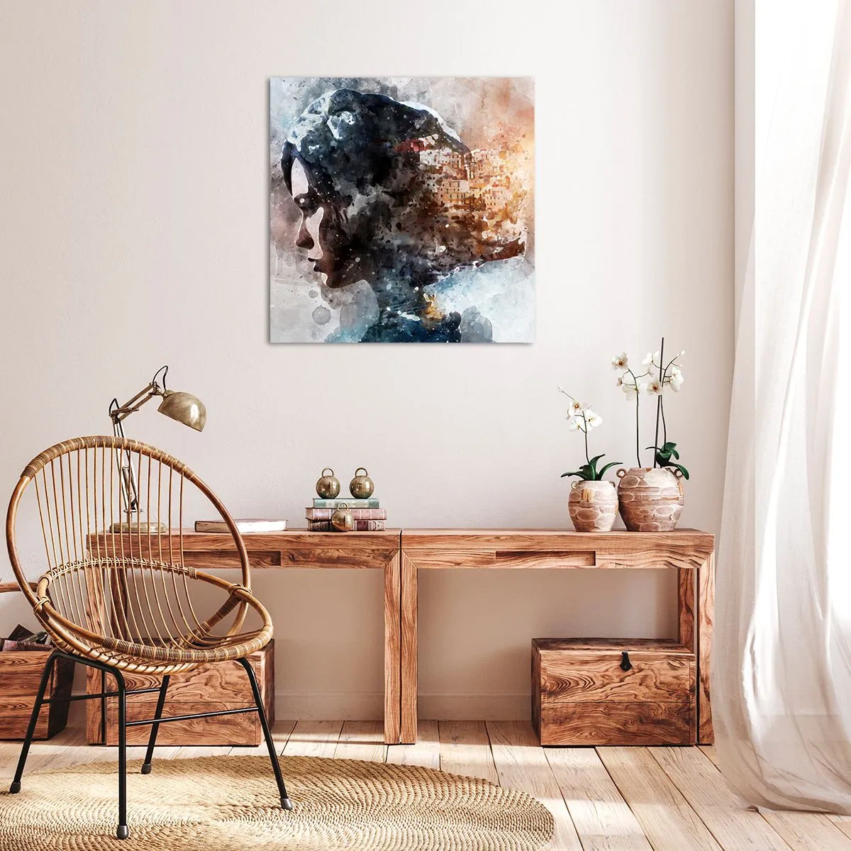 Schilderen op canvas - Een verhaal over een meisje met een stad op de achtergrond - 60x60 cm