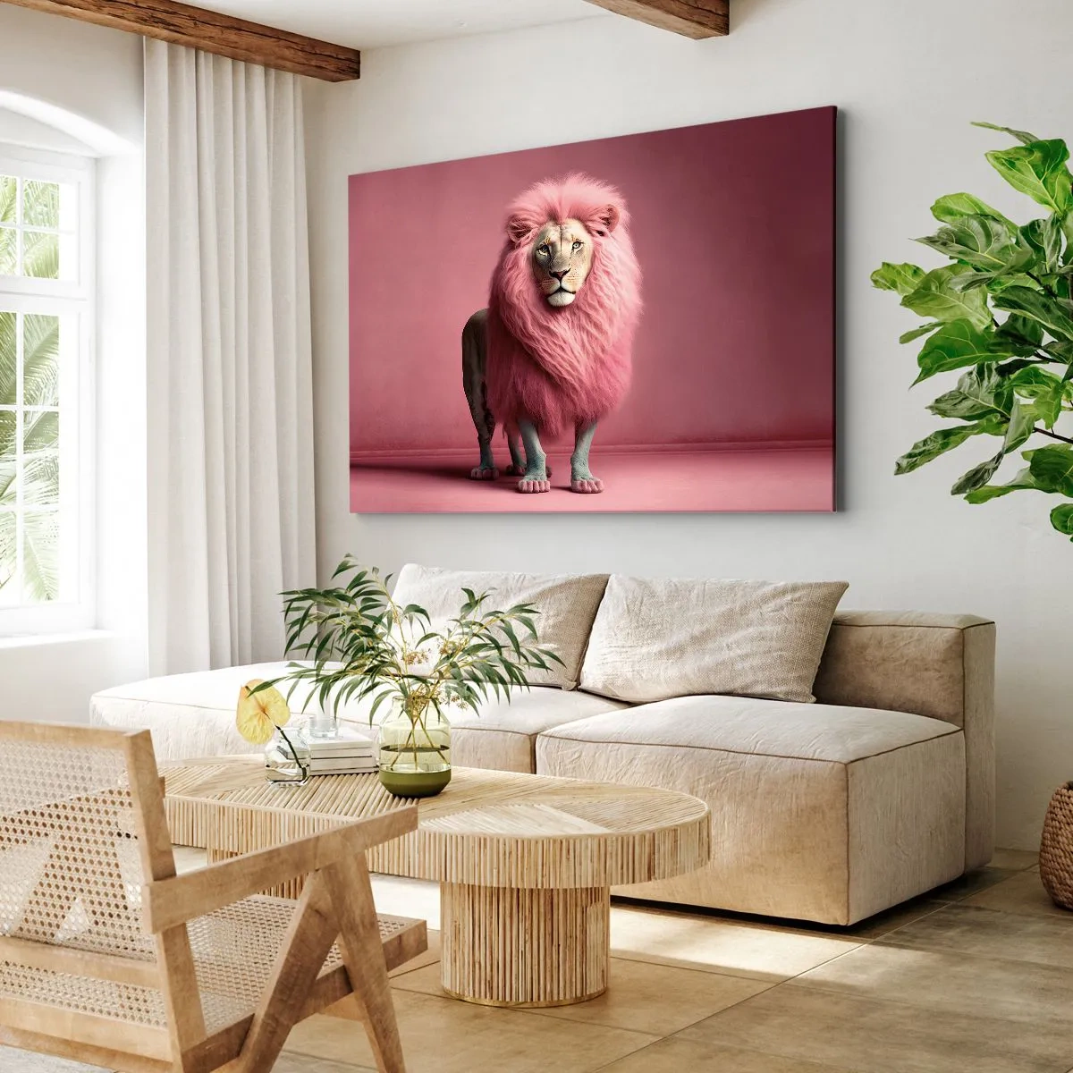 Schilderen op canvas - Een artistiek weergegeven leeuw met roze manen op een roze achtergrond - 70x50cm - En je bent niet meer bang - Moderne wanddecoratie voor woonkamer en slaapkamer ARTTOR