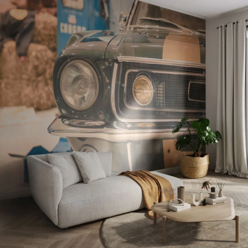 Zelfklevend Fotobehang Deluxe Sticker - Ontmoeting met een legende - Auto, Automobiel, Ouderwets - 100x70 cm