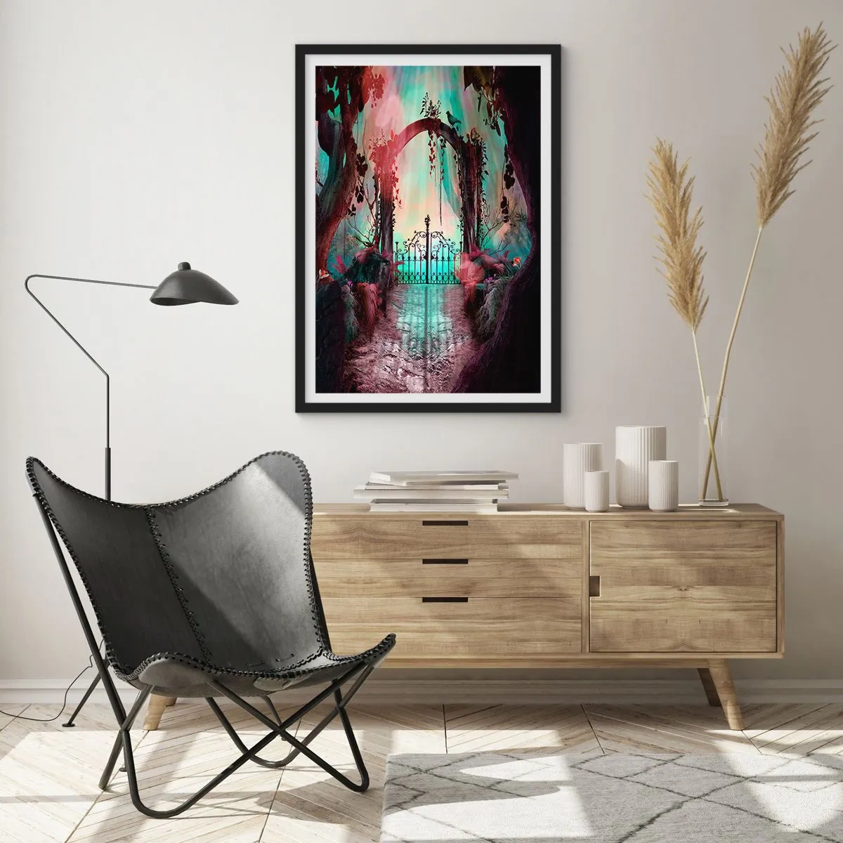 Poster in een zwarte lijst - Een mysterieuze poort in het bos met een kleurrijke achtergrond - 50x70cm - Geheime Tuin - Moderne wanddecoratie voor woonkamer en slaapkamer ARTTOR