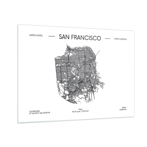 Schilderen op glas - Een minimalistische stratenkaart van San Francisco - 70x50cm - Anatomie van San Francisco - Moderne wanddecoratie voor woonkamer en slaapkamer ARTTOR