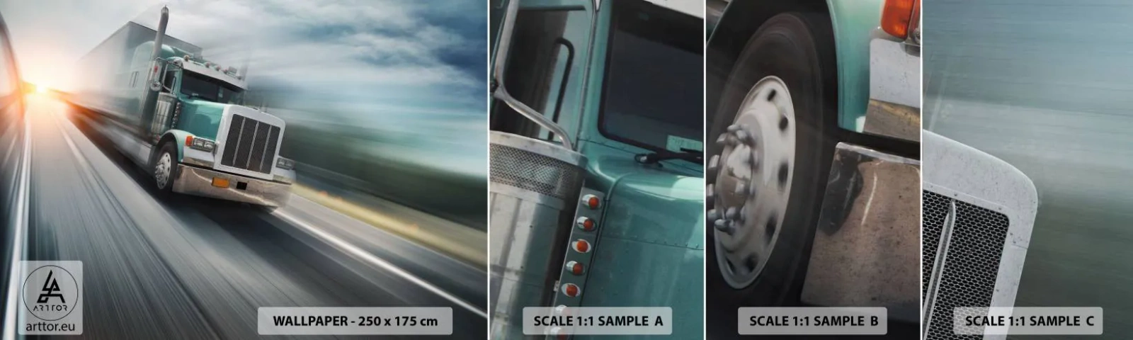 Fotobehang Staaltje Standard Eco - De Amerikaanse reus in haast - Vrachtauto, Automobiel, Vervoer - 100x30 cm