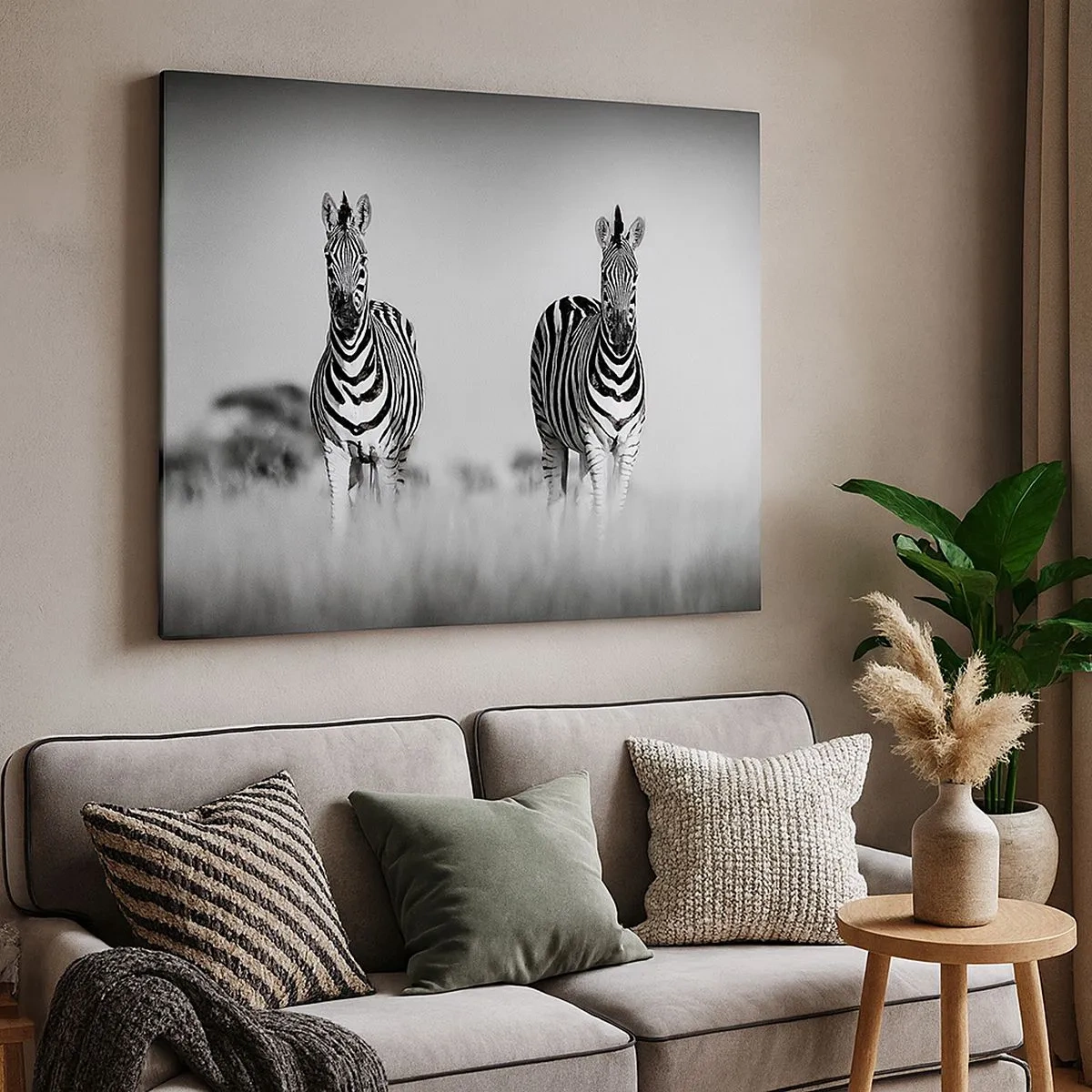 Schilderen op canvas - Twee zebra's in de savanne in een monochrome stijl - 70x50cm - Toch is de wereld zwart-wit - Moderne wanddecoratie voor woonkamer en slaapkamer ARTTOR