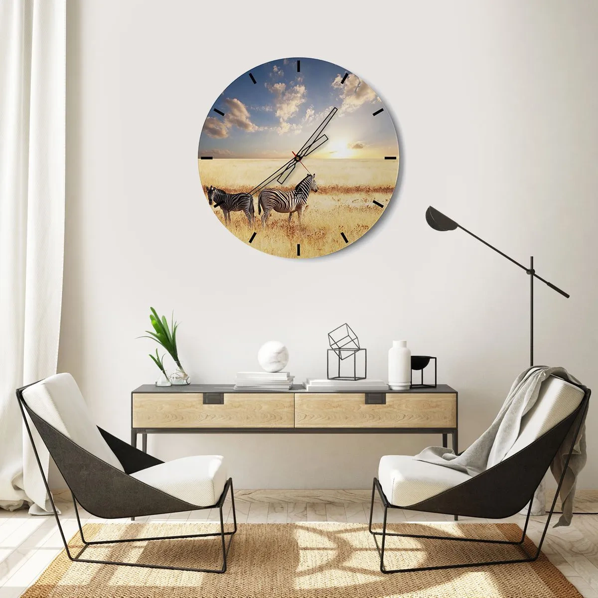 Wandklok - Klok - Zebra's in de savanne tijdens zonsondergang - 30x30cm - Ga weg, verstoor onze vrede niet - Moderne wanddecoratie voor woonkamer, keuken en slaapkamer ARTTOR