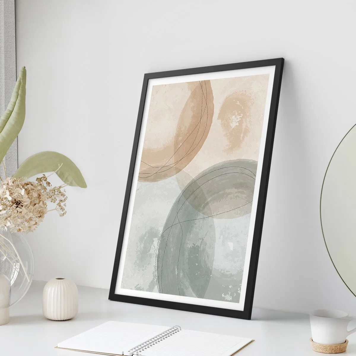 Poster in een zwarte lijst - Geometrische vormen in pastelkleurige aardetinten - 50x70cm - Indringende werelden - Moderne wanddecoratie voor woonkamer en slaapkamer ARTTOR