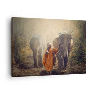 Schilderen op canvas - Een monnik in een oranje gewaad leidt een olifant door het bos. - 70x50cm - Volledig begrip - Moderne wanddecoratie voor woonkamer en slaapkamer ARTTOR