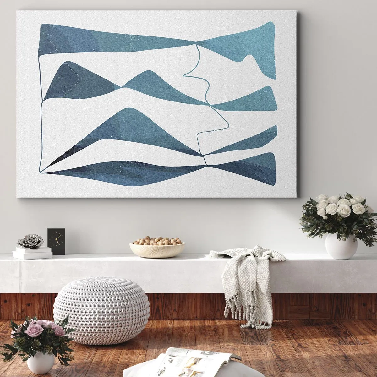 Schilderen op canvas - Abstracte vormen in blauwtinten op een witte achtergrond - 70x50cm - Abstractie: turquoise verbinding - Moderne wanddecoratie voor woonkamer en slaapkamer ARTTOR