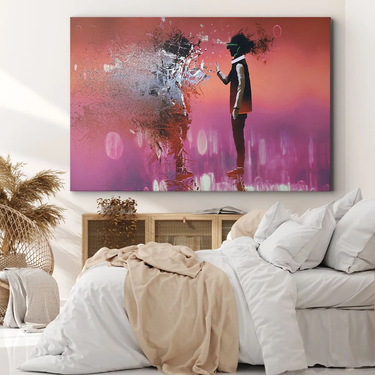 Schilderen op canvas - Een abstract tafereel met een futuristisch figuur en verspreide elementen. - 70x50cm - Kun je naar jezelf kijken? - Moderne wanddecoratie voor woonkamer en slaapkamer ARTTOR