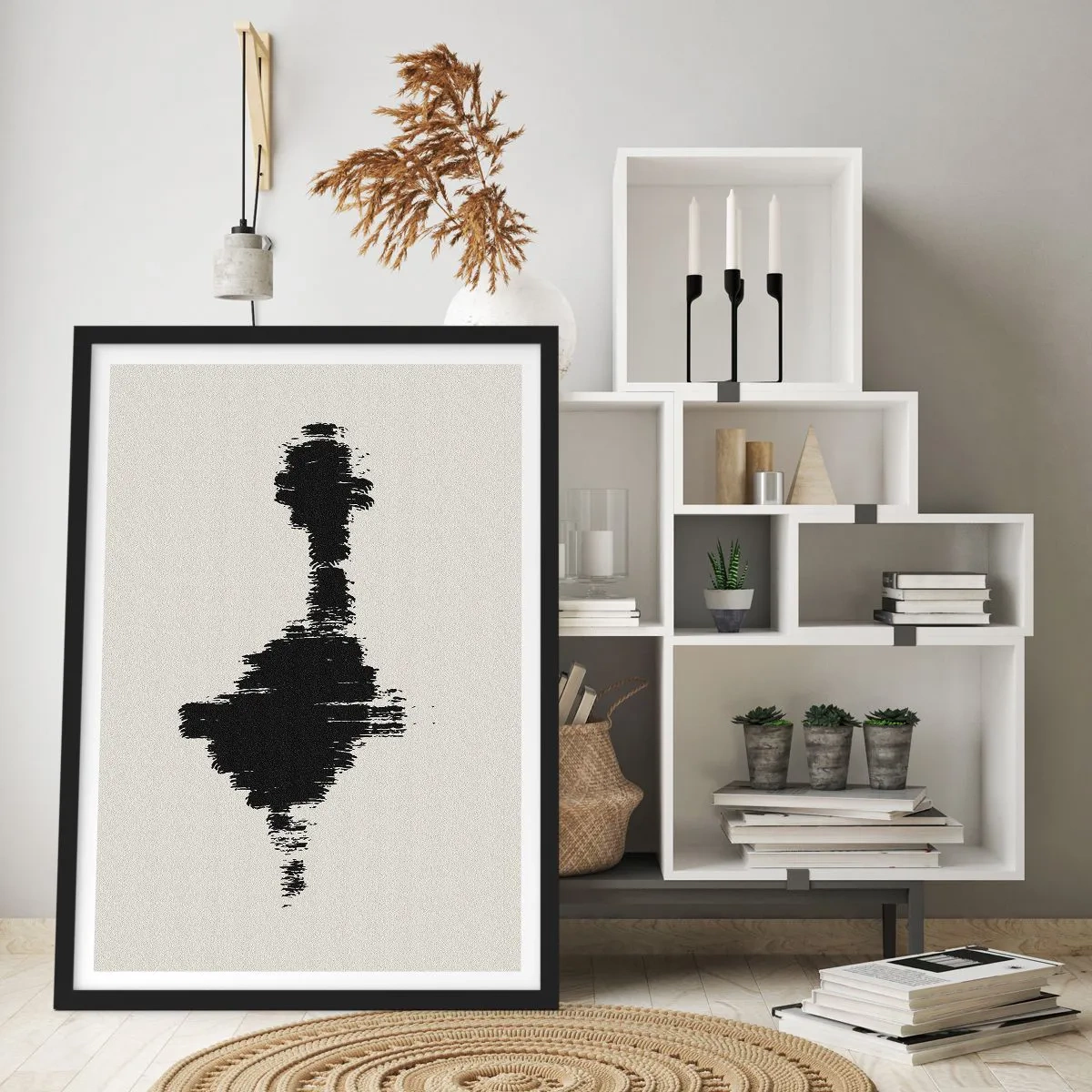 Poster in een zwarte lijst - Minimalistische abstractie in zwart-wit - 50x70cm - Trillingen van verbeelding - Moderne wanddecoratie voor woonkamer en slaapkamer ARTTOR
