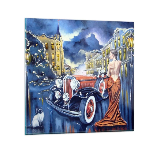 Schilderen op glas - Nocturne in blauw en koraal - 30x30 cm