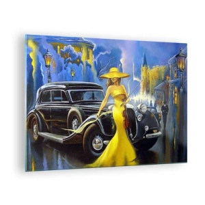 Schilderen op glas - Een vrouw in een gele jurk naast een oldtimer - 70x50cm - Nocturne voor viool en liefde - Moderne wanddecoratie voor woonkamer en slaapkamer ARTTOR