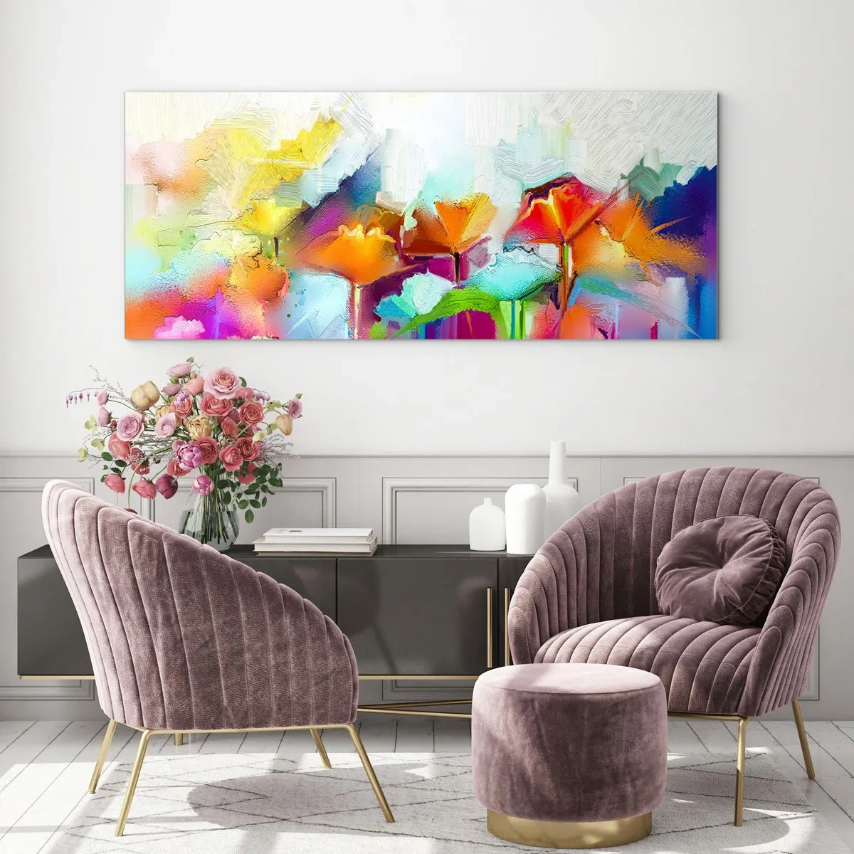 Schilderen op glas - De regenboog is tot bloei gekomen - 140x50 cm