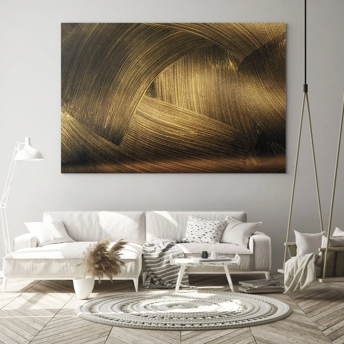 Schilderen op glas - Een abstract schilderij met gouden, geometrische lijnen op een achtergrond - 70x50cm - In een gouden doolhof - Moderne wanddecoratie voor woonkamer en slaapkamer ARTTOR