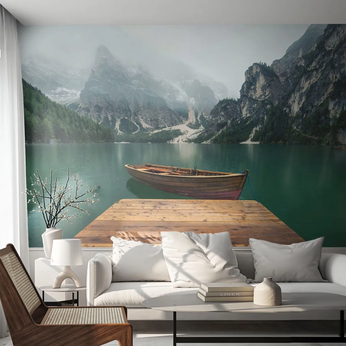 Fotobehang Standard Eco - "En de trotse rotsen van het voorhoofd" - Landschap, Bergen, Meer - 400x280 cm