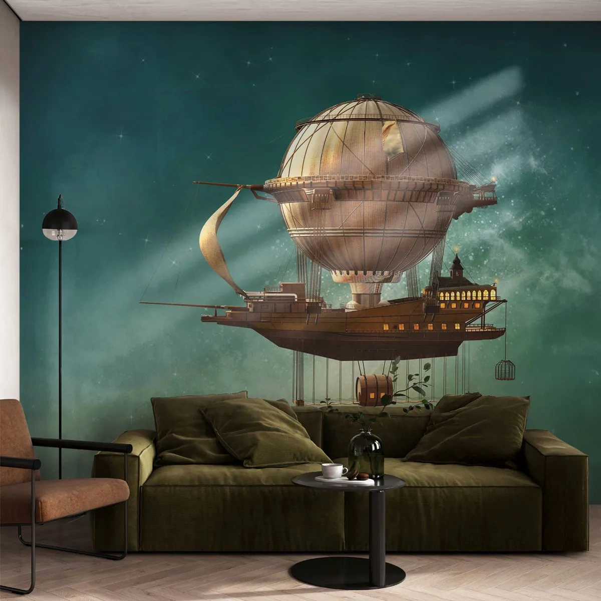Fotobehang Premium Sand - Jules Verne groet - Retro, Reis, Ballon - 350x256 cm