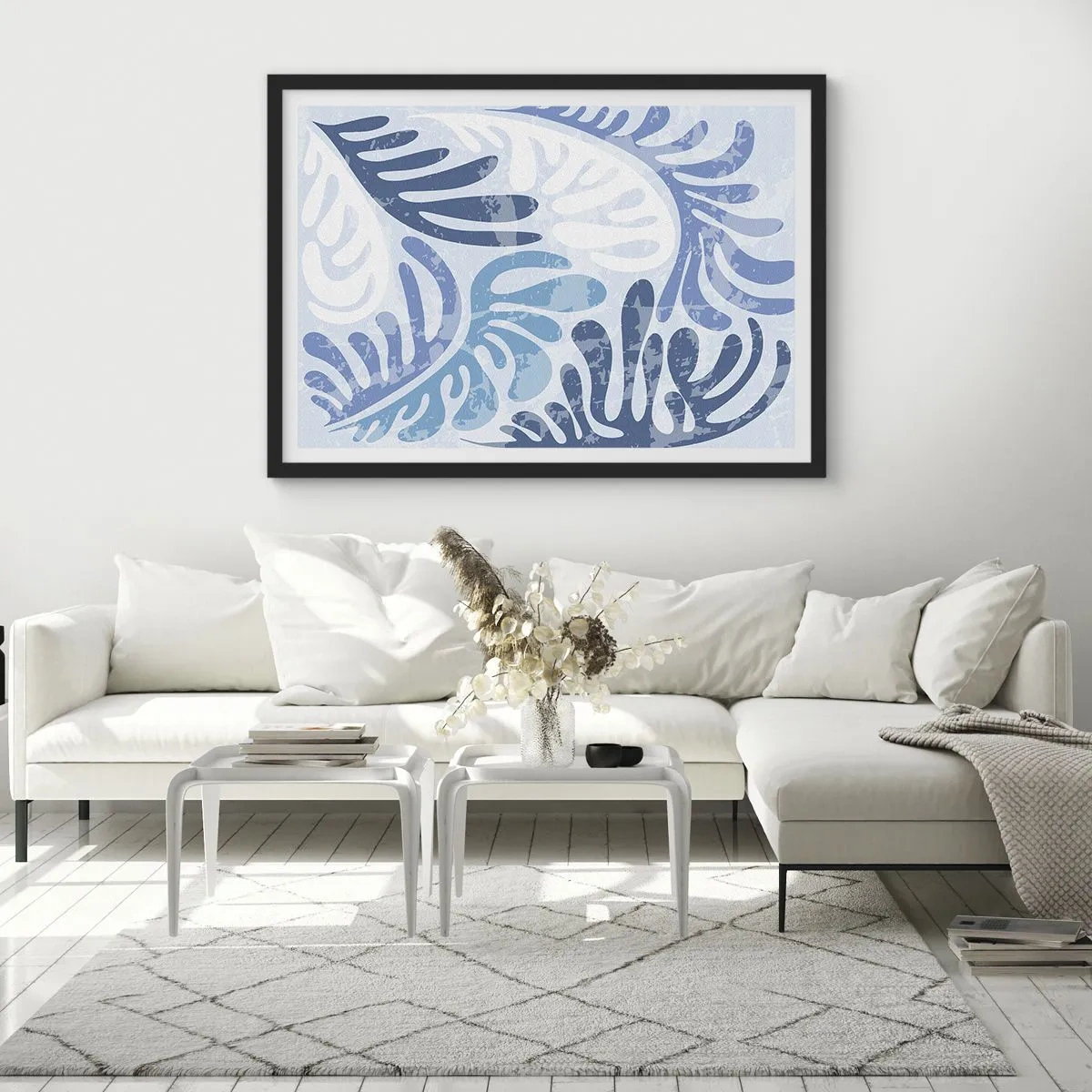 Poster in een zwarte lijst - Blauwe varens - 70x50 cm