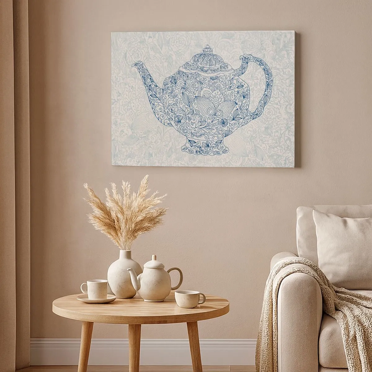Schilderen op canvas - Decoratieve tekening van een theepot met blauwe ornamenten - 70x50cm - De charme van thee - Moderne wanddecoratie voor woonkamer en slaapkamer ARTTOR