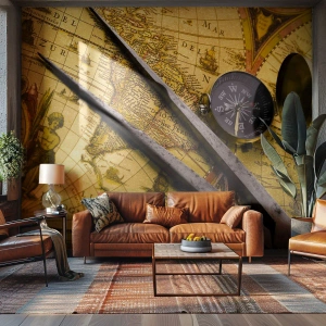 Fotobehang Premium Sand - Waar zijn deze schatten? - Kompas, Wereldkaart, Reizen - 100x70 cm