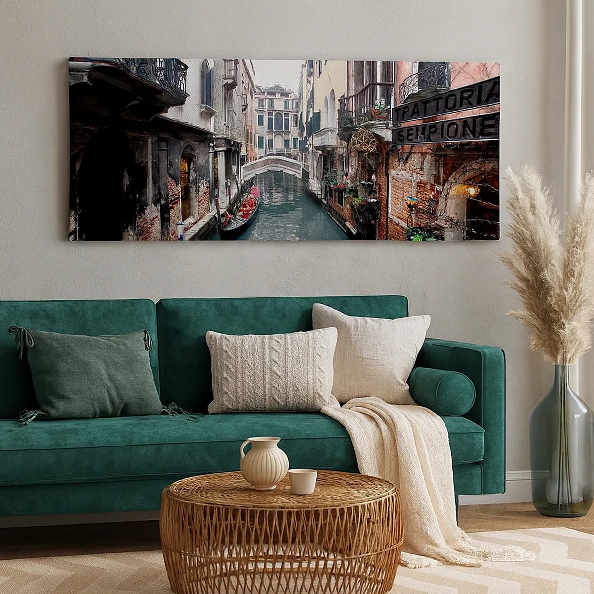 Schilderen op canvas - Venetiaans landschap met een gondel en een brug - 30x30 cm