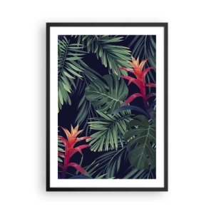 Poster in een zwarte lijst - Tropische bladeren en bloemen op een donkere achtergrond - 50x70cm - Ontsteken in het groen - Moderne wanddecoratie voor woonkamer en slaapkamer ARTTOR