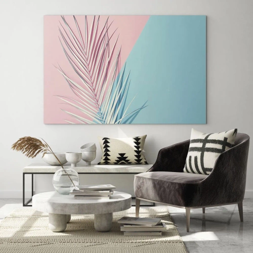 Schilderen op glas - Een palmblad op een pastelkleurige achtergrond in een geometrische compositie - 70x50cm - Tropische impressie - Moderne wanddecoratie voor woonkamer en slaapkamer ARTTOR