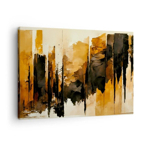 Schilderen op canvas - Abstracte gouden en zwarte strepen in een artistieke compositie - 70x50cm - Harmonie van zwart en goud - Moderne wanddecoratie voor woonkamer en slaapkamer ARTTOR