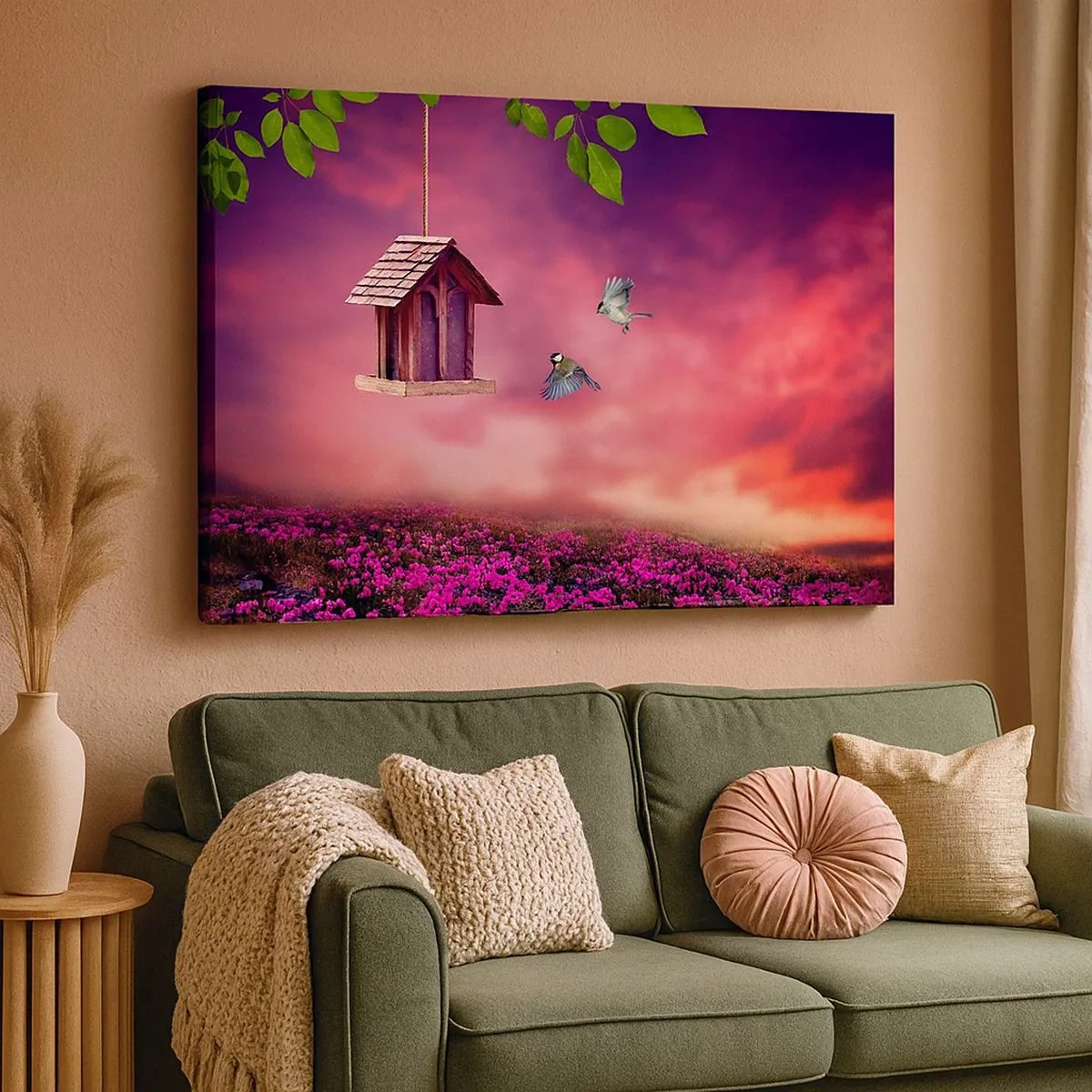 Schilderen op canvas - Een schilderachtig landschap met een vogelhuisje en een zonsondergang - 70x50cm - Uitnodiging voor het avondeten - Moderne wanddecoratie voor woonkamer en slaapkamer ARTTOR
