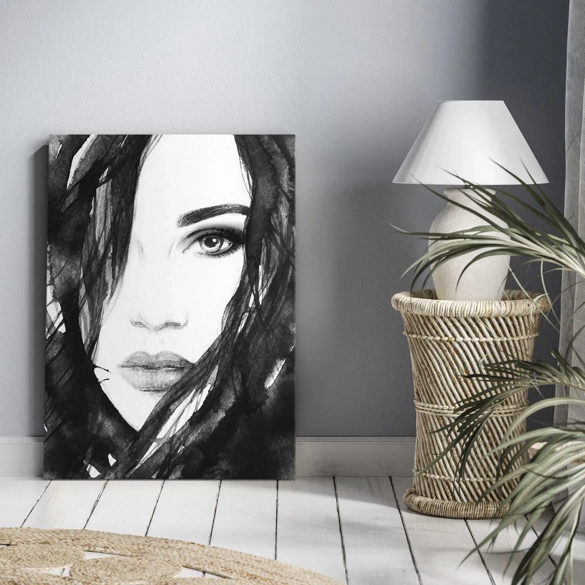 Schilderen op canvas - Portret van een dame in zwart en wit - 55x100 cm