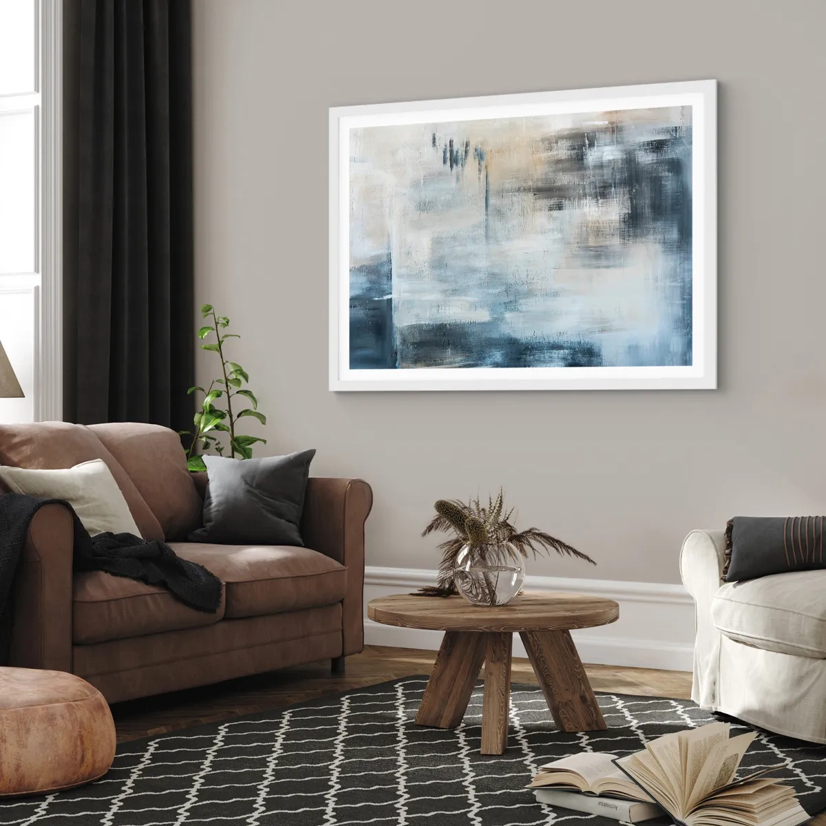 Poster in een witte lijst - Achter het blauwe gordijn - 91x61 cm