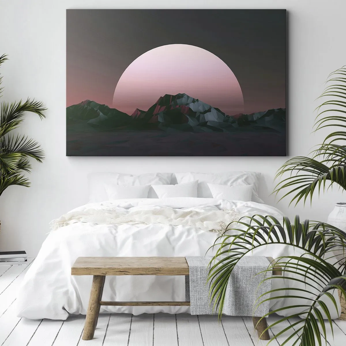Schilderen op canvas - Geometrische bergen met de ondergaande zon op de achtergrond - 70x50cm - In een naburig sterrenstelsel - Moderne wanddecoratie voor woonkamer en slaapkamer ARTTOR