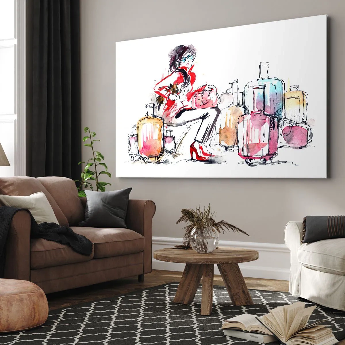 Schilderen op canvas - Een vrouw met koffers in een dynamische aquarelillustratie - 70x50cm - Laten we gaan zitten voor de reis - Moderne wanddecoratie voor woonkamer en slaapkamer ARTTOR